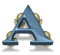 Animated contact sheet showing six sequential frames of a blue and gold stylized letter A icon with subtle motion effects on its base supports.