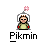Pixel art character with light brown hair, green shirt, red sleeves, and silver helmet holding pink flower; text "Pikmin" below.