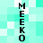 Two vertical of black text reading MEKOMEKO on a light cyan and white pixelated background