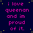 Dark blue background with repeated pink text 'i love queenan and im proud of it.' surrounded by yellow dots, one gray square in bottom right corner.