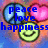 Pixelated icon with peace symbol, heart, and smiley face icons over colorful background; blue text reads "peace love happiness".