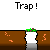 Animated sequence showing a character falling through a trapdoor on a brown platform with orange speckles, surrounded by gray background and 'Trap!' text above.