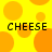 Yellow background with orange circular shapes and four instances of the word 'CHEESE' in black pixelated text.