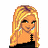 Pixelated character with blonde hair and black top, paired with text blocks on yellow and pink backgrounds.