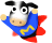 Pixelated cartoon cow in superhero costume with red cape and blue shirt featuring yellow 'M' symbol, shown across two animation frames on gray background.