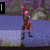 Pixelated character in green and red outfit with pink accents stands on blue platform, holding object above head, text overlays change across frames.