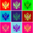 Pixelated of nine colored icons with abstract shapes on red, blue, green, purple, and pink backgrounds, alongside yellow text on red and gray