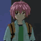 Pixelated character with pink hair and green shirt under light blue jacket, wearing brown backpack straps against dark background.