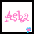 Pixelated pink text 'Asba' with a small blue and pink heart icon in the bottom-right corner, displayed within a black border on white background.