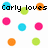 Pixelated text and colored circles arranged in a pattern on a white background with a gray rectangle in the bottom right corner