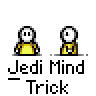 Animated contact sheet of 16 frames showing a pixelated yellow stick figure with white head and black outline, repeatedly changing text banners above it from "Jedi Mind Trick" to various phrases like "YOU KILL," "GIVE ME," "YOUR WALLET."