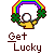 Pixel art icon with rainbow arch, four-leaf clovers, yellow figure holding a white orb against gray background and 'Get Lucky' text.