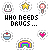 Pixel art collection of small icons featuring rainbows, stars, hearts, and text phrases like "WHO NEEDS DRUGS..." and "STICKERS!!" arranged in a