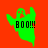 Green and brown ghost-shaped icons with 'BOO!!!' text on red background, one showing a faded version.