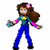Pixelated character with long brown hair, blue eyes, and a pink flower in hair, wearing a teal and yellow top with blue pants, holding a small object in right hand.
