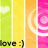 A vertical strip of colorful animated patterns with repeating heart shapes and 'love :)' text on green, yellow, orange, pink, and white stripes.