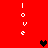 Red background with vertical white text 'I love' on both sides and three pixelated hearts in black, dark red, and red.