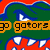 Pixelated graphic with green and blue curved shapes, orange text reading 'go gators', red background elements, white accents, and visible pixelation.