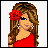 A 48x48 pixel buddy icon featuring a cartoon woman with brown hair and red dress on the left, next to a pink background with "Visit" text above a purple oval logo containing "Dollz.com" text below.