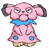 A 49x49 pixel animated buddy icon featuring a pink cartoon character with blue accents and yellow polka dots, shown in two sequential frames where the mouth changes from closed to open.
