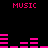 Black background with pink pixelated text and bar graphs displaying the word 'MUSIC' in multiple positions.