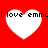 Red background with four white heart shapes arranged in a , each containing black pixelated text reading "i love emmci" or "love emmc"