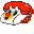 Pixelated cartoon head with red hair and white face, showing sequential facial expressions against gray background.