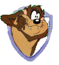 Tasmanian Devil cartoon character in shield-shaped frame with blue border, showing two sequential poses of the head turning left to right.