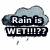 Two side-by-side cloud-shaped icons with text overlays; left icon reads "Rain is WET!!!!!??" and right icon reads "No one told me." in white pixelated font on black backgrounds.