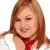 A pixelated image of a person with light brown hair wearing a white top and red scarf, next to a green oval shape with text and a flower-shaped logo with text.