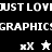 Pixelated graphic with repeated text and symbols across black, white, and gray sections, featuring 'JUST LOVE' and 'GRAPHICS' text fragments and X and star icons.