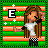 Pixel art of a girl with long brown hair, white shirt, and checkered pants against green and orange stripes with white stars, featuring a changing 'E' symbol.