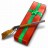 A pixelated, diagonally oriented object with red and green sections connected by brown bands against a white background.