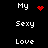 Pixelated text and red symbols on black background; two of white text with animated red heart or dot cluster next to 'My' in top