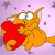 Animated contact sheet of a cartoon orange cat holding a red heart against a purple starry background with five visible frames showing eye and mouth animation changes.