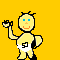 A 3x2 contact sheet of a pixel art animation featuring three yellow stick figures with blue eyes and orange smiles, each wearing white diapers with black number '5' symbols, performing different arm movements against a solid yellow background.