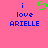 Pixelated pink background with blue text reading 'i love ARIELLE' and a green heart symbol above the text on the left side.
