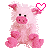 Pixelated pink pig with black eyes and a pink nose sits facing forward, holding a heart-shaped icon above its head that changes color across frames.