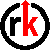 Static pixel art icon featuring a black circular border enclosing red and black stylized letters 'r' and 'k' on white background.