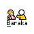 Pixel art animation of two figures: one holding a hammer, the other with a white circular head. The hammer-wielding figure strikes while red impact lines appear.