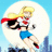 Pixelated cartoon character with blonde hair and red cape flies over cityscape, blue shorts visible.