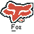 Red fox silhouette with white outline on gray background, below which is pixelated text reading "Fox".
