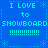Blue background with cyan pixelated text repeating 'I LOVE to SNOWBOARD' in four quadrants, surrounded by snowflake and dotted line patterns.