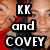 A pixelated image with text overlays reading 'KK and COVEY EQUALS WEIRD and CRAZY' over a background of repeated faces in red clothing.