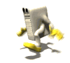 Animated 3D character with gray body, yellow hands and feet, black eyes, and a striped torso running in sequence