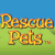 Pixelated image with 'Rescue Pets' text in orange-yellow gradient on green grass, blue sky background, and a black-and-white dog with teal collar.