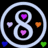 Two identical white circular outlines on black background, each containing a stylized '8' with four heart-shaped pixels inside and additional floating hearts around the perimeter.