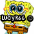 Pixelated yellow sponge character with large blue eyes, orange cheeks, brown pants, and a red tie, overlaid with black text reading "LUCYR66".