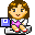 Pixelated character with brown hair and pink lips holds a blue square icon with white border and blue square inside, wearing white and black checkered shirt with purple star, red shoes, and gray pants.