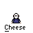 Pixelated character with white face and dark blue shirt stands above yellow cheese wedge with holes, text "Cheese" below.